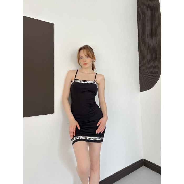 Zımba Detaylı Askılı Mini Elbise Siyah