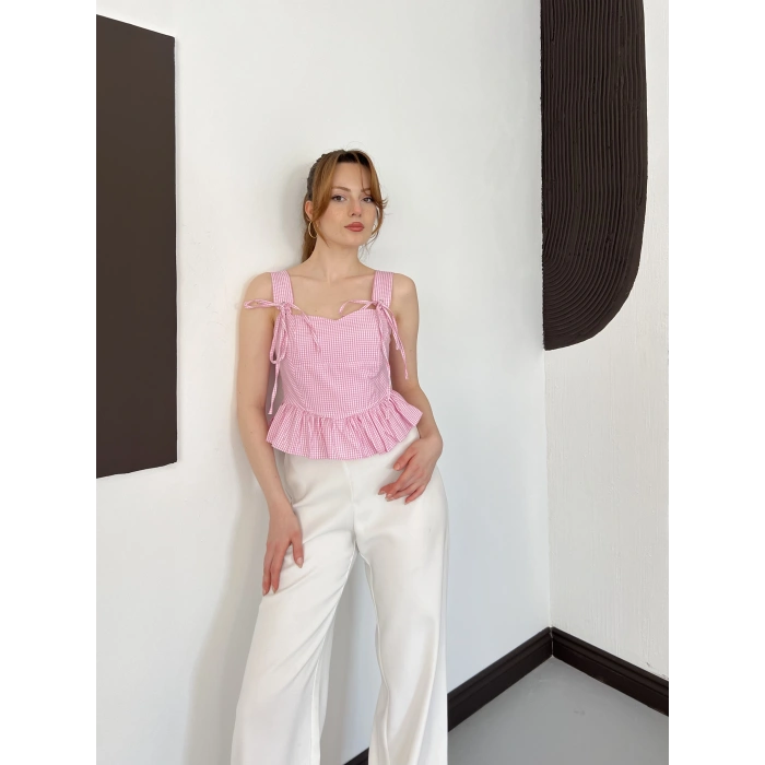Pötikareli Askılı Bluz Pembe