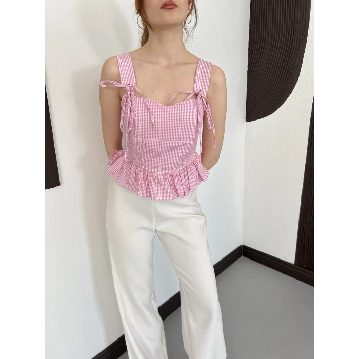 Pötikareli Askılı Bluz Pembe