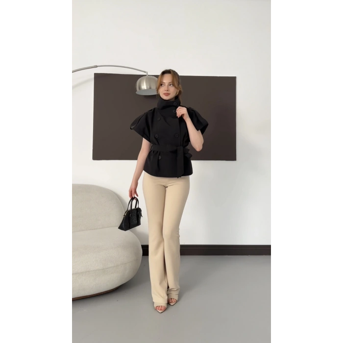 Apoletli Dik Yaka Kuşak Detaylı Trençkot Siyah
