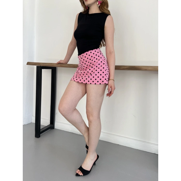 İçi Şortlu Puantiyeli Mini Etek Pembe