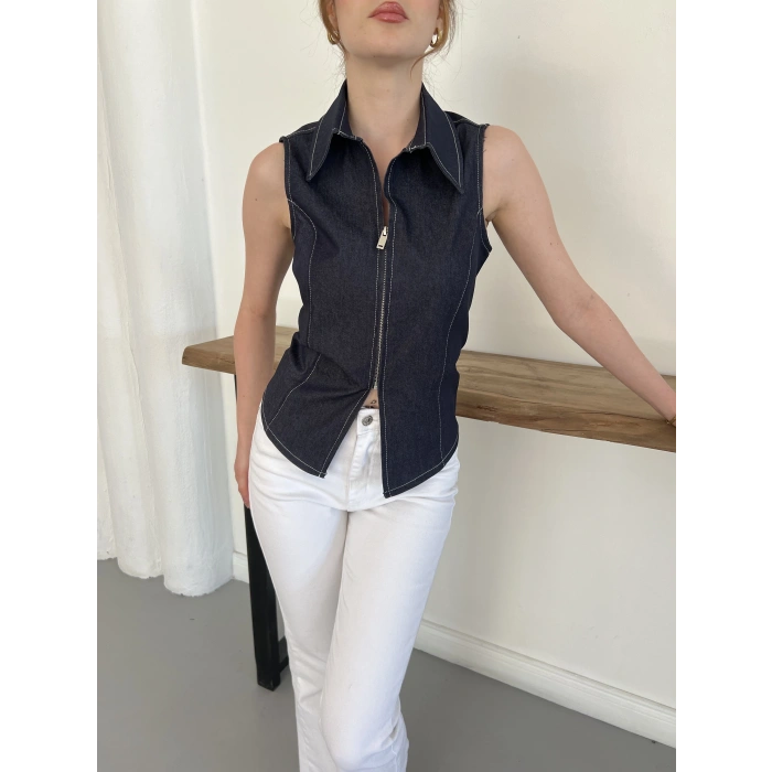 Fermuar Detaylı Denim Bluz Lacivert
