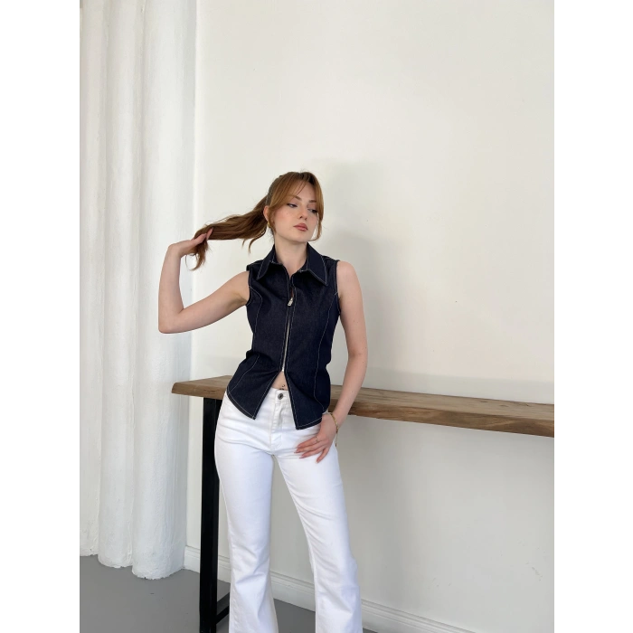 Fermuar Detaylı Denim Bluz Lacivert