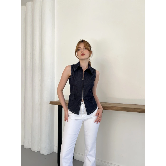 Fermuar Detaylı Denim Bluz Lacivert