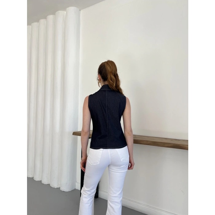 Fermuar Detaylı Denim Bluz Lacivert