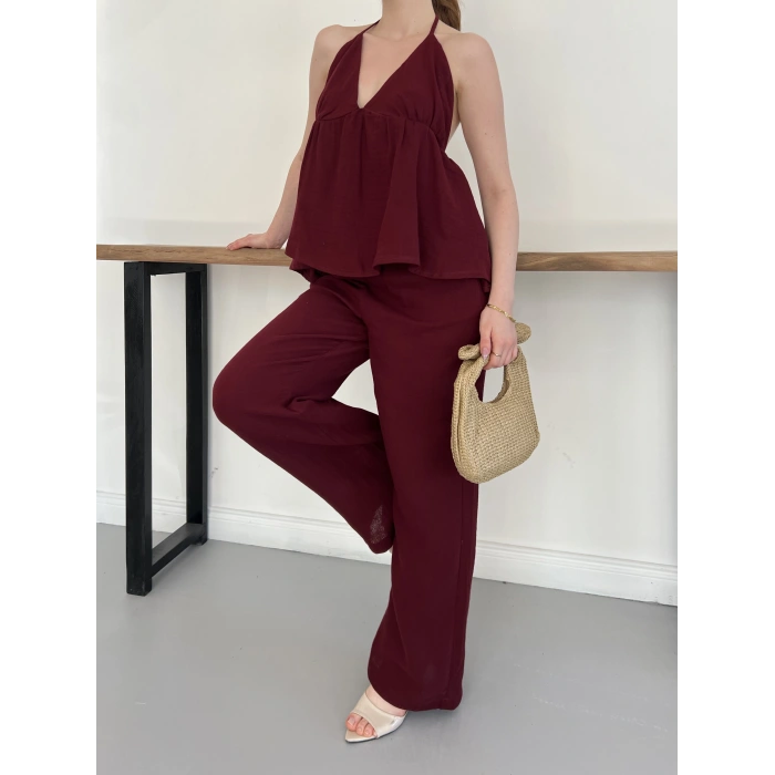 Boyundan Bağlamalı Bürümcük Bluz-Pantolon Takım Bordo