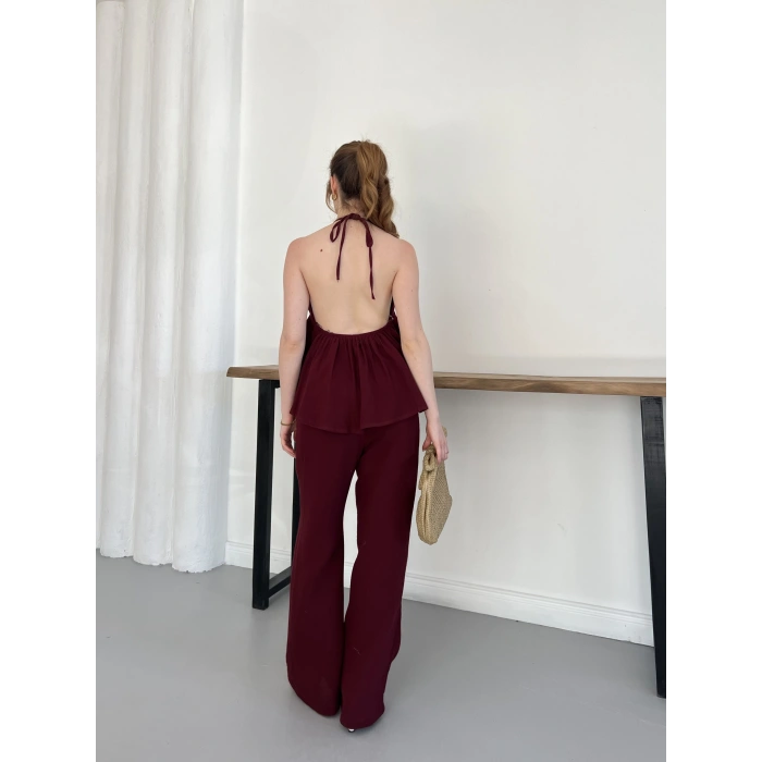Boyundan Bağlamalı Bürümcük Bluz-Pantolon Takım Bordo