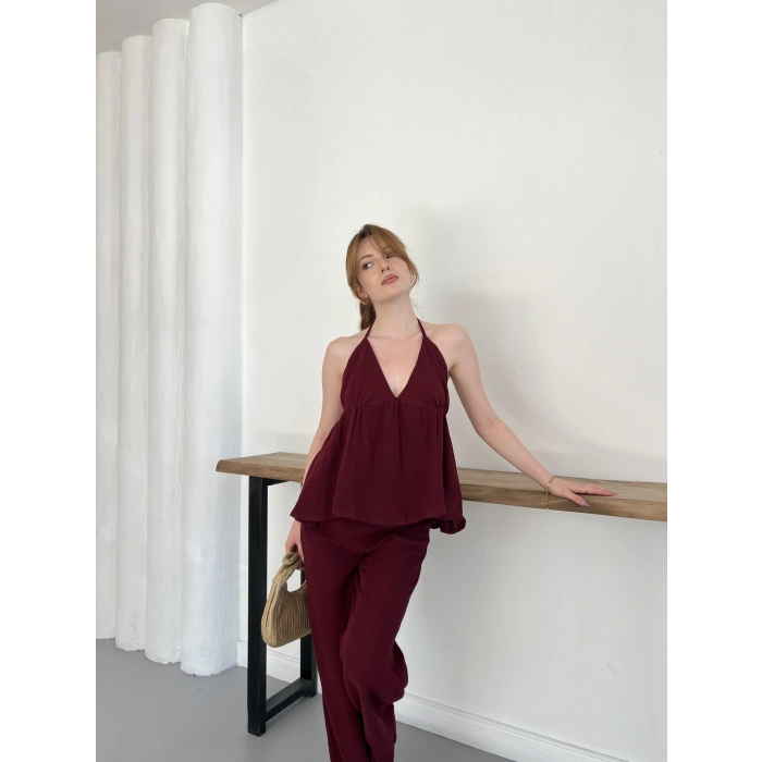 Boyundan Bağlamalı Bürümcük Bluz-Pantolon Takım Bordo