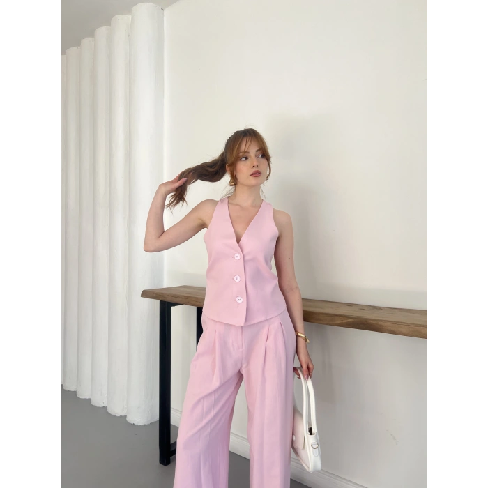 Sırt Detaylı Keten Yelek-Pantolon Takım Pembe