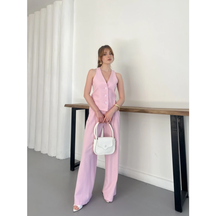 Sırt Detaylı Keten Yelek-Pantolon Takım Pembe