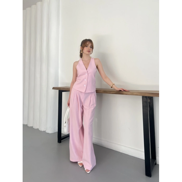 Sırt Detaylı Keten Yelek-Pantolon Takım Pembe