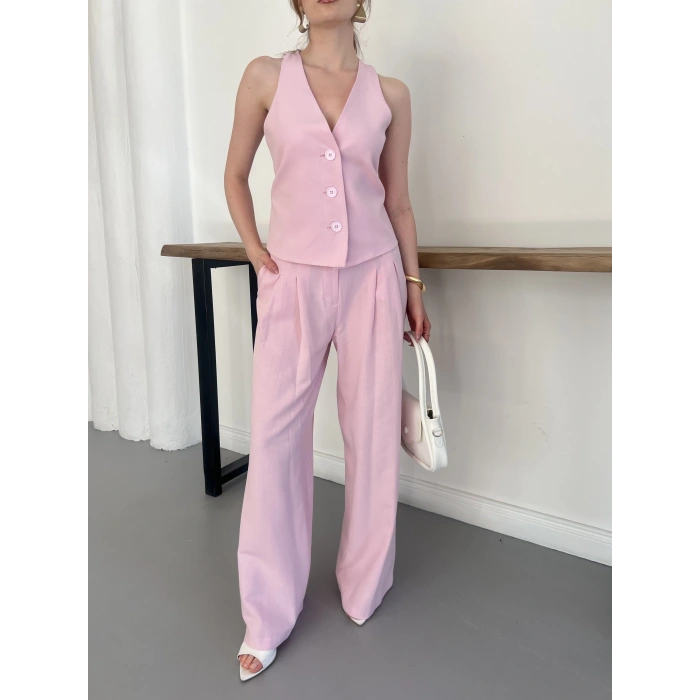 Sırt Detaylı Keten Yelek-Pantolon Takım Pembe