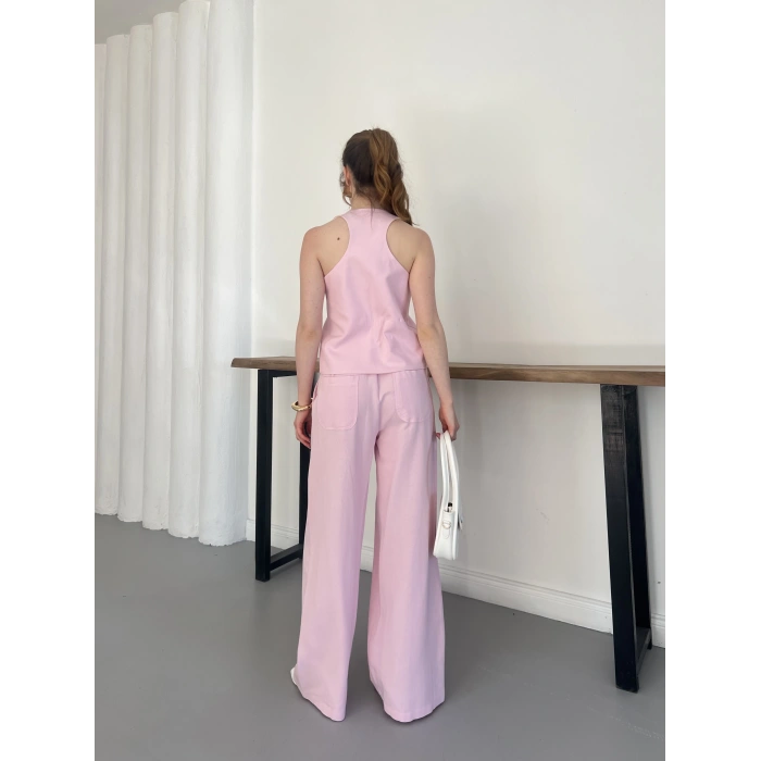 Sırt Detaylı Keten Yelek-Pantolon Takım Pembe