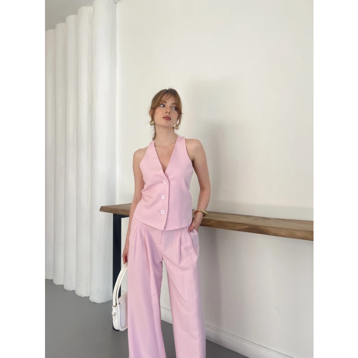 Sırt Detaylı Keten Yelek-Pantolon Takım Pembe