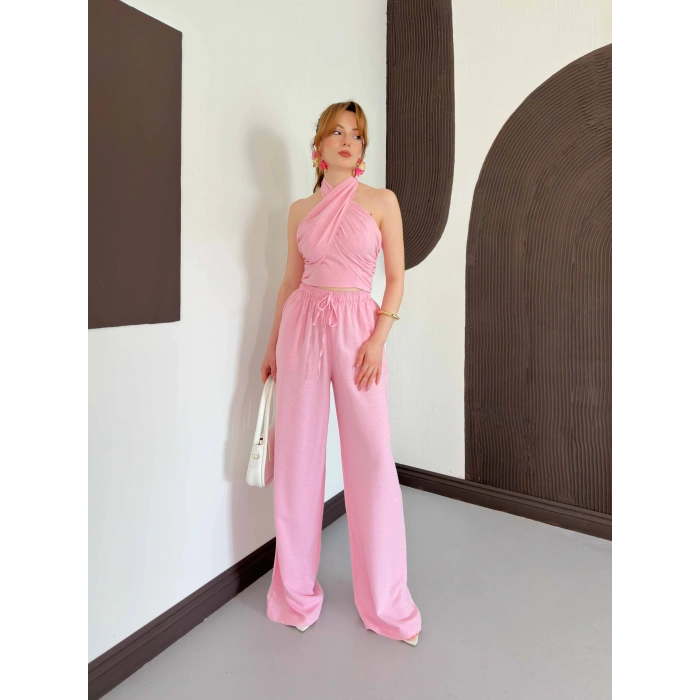 Boyundan Bağlamalı Keten Viral Takım Pembe