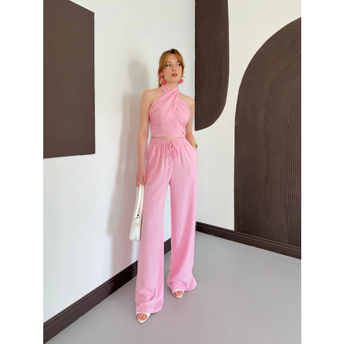 Boyundan Bağlamalı Keten Viral Takım Pembe