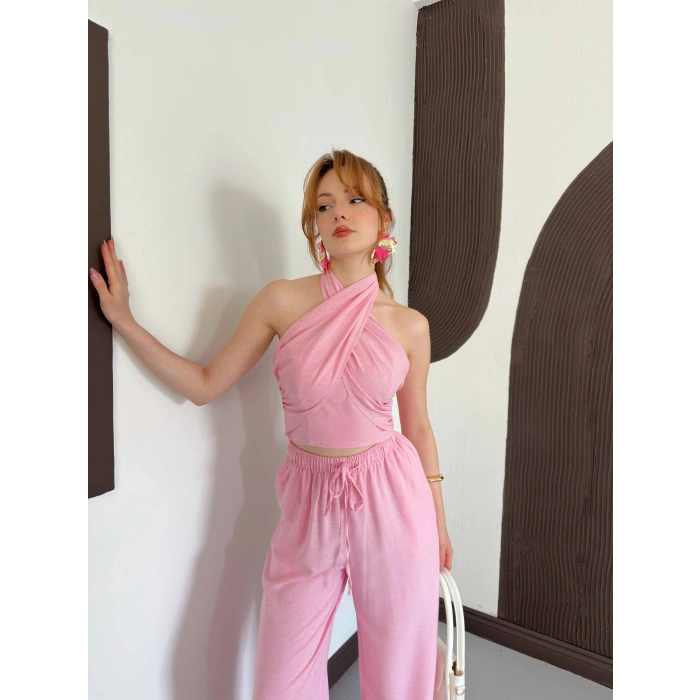 Boyundan Bağlamalı Keten Viral Takım Pembe