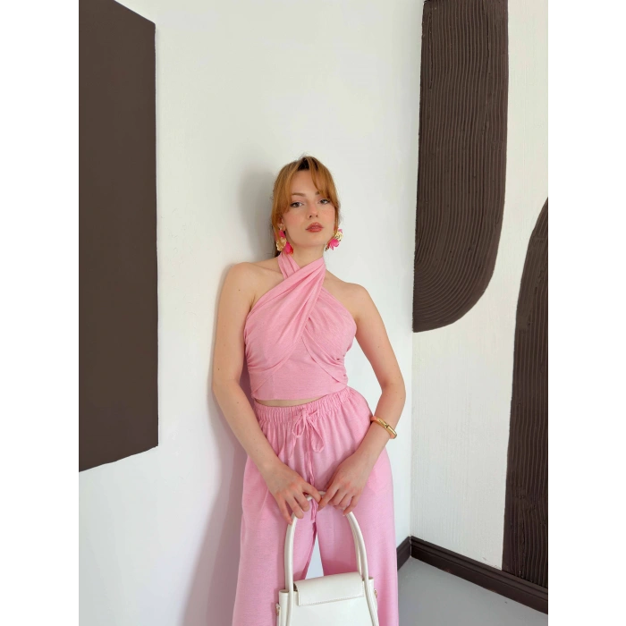 Boyundan Bağlamalı Keten Viral Takım Pembe