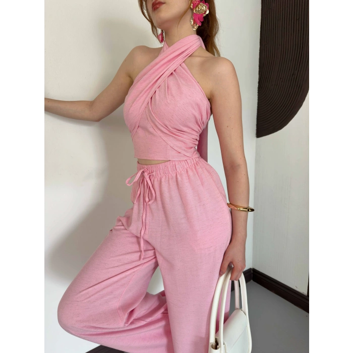 Boyundan Bağlamalı Keten Viral Takım Pembe