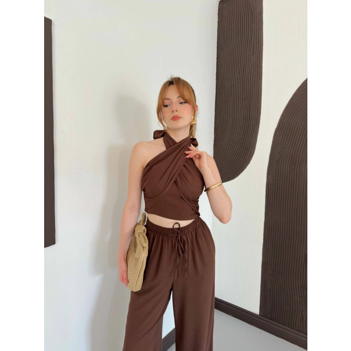 Boyundan Bağlamalı Keten Viral Takım Kahve