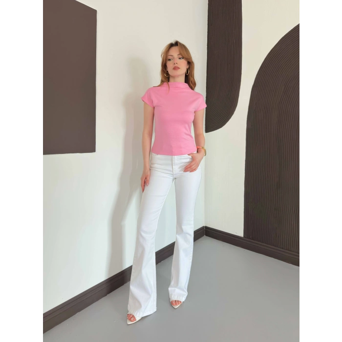 Slim Fıt Yarım Balıkçı Yaka Dar Kesim Bluz Pembe