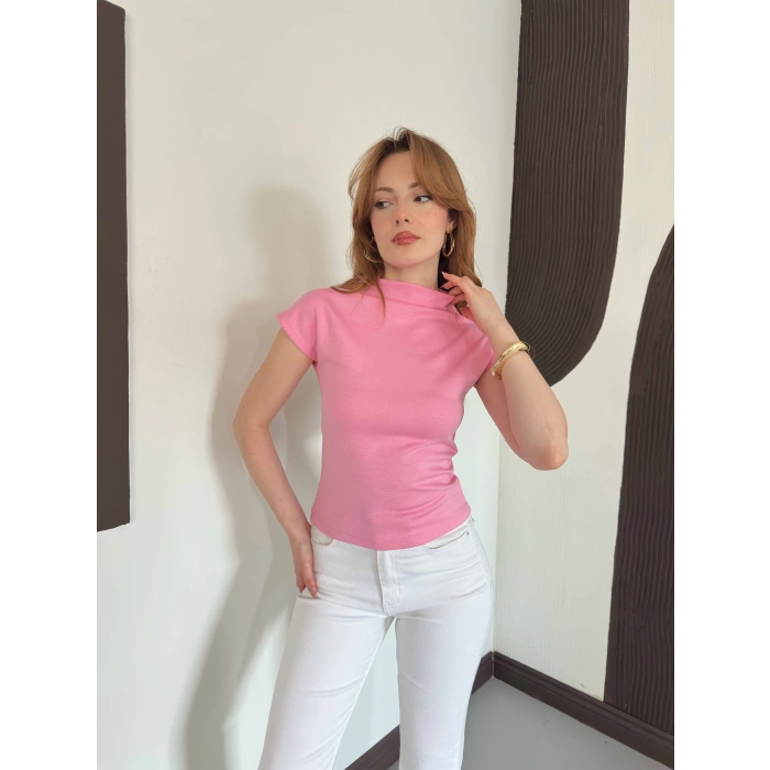 Slim Fıt Yarım Balıkçı Yaka Dar Kesim Bluz Pembe