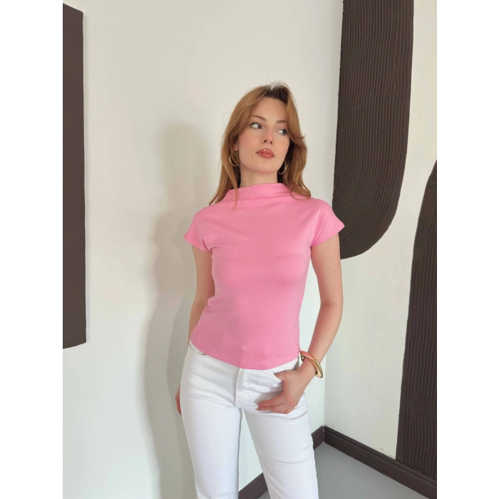 Slim Fıt Yarım Balıkçı Yaka Dar Kesim Bluz Pembe