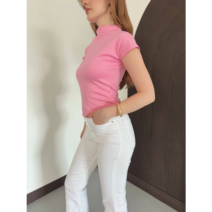 Slim Fıt Yarım Balıkçı Yaka Dar Kesim Bluz Pembe
