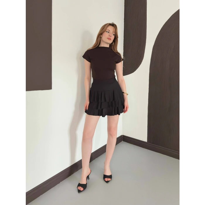 Slim Fıt Yarım Balıkçı Yaka Dar Kesim Bluz Kahve
