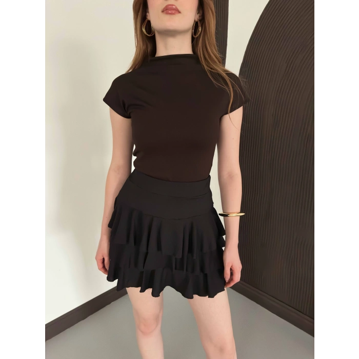 Slim Fıt Yarım Balıkçı Yaka Dar Kesim Bluz Kahve
