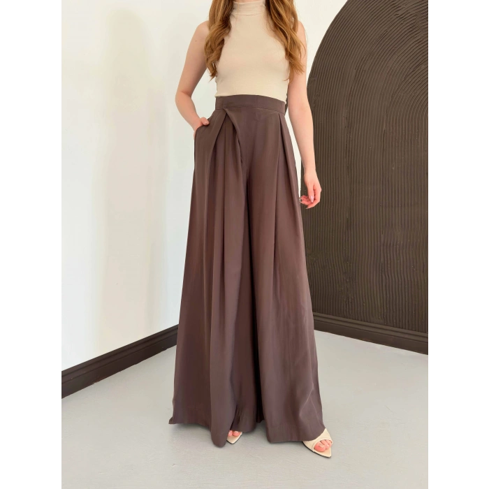 Modal Kumaş Bol Paça Pantolon Kahve