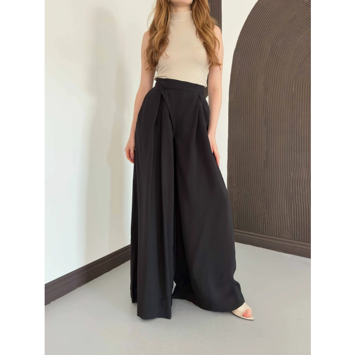 Modal Kumaş Bol Paça Pantolon Siyah
