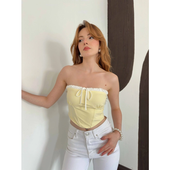 Önü Bağlama Detay Straplez Crop Sarı