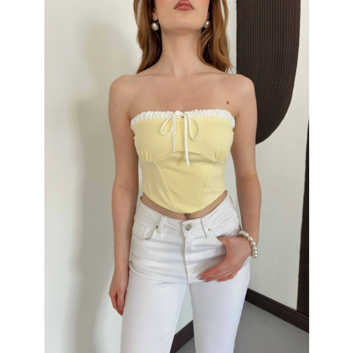 Önü Bağlama Detay Straplez Crop Sarı