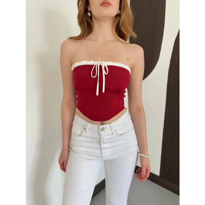 Önü Bağlama Detay Straplez Crop Kırmızı