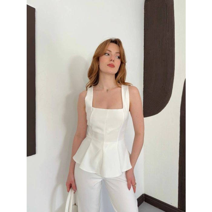 Kare Yaka Bluz-Pantolon Takım Beyaz