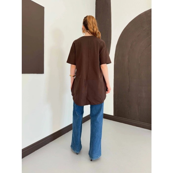Modal Kumaş Garnili Asimetrik Oversize Tişört Kahve