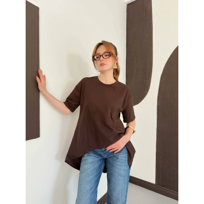 Modal Kumaş Garnili Asimetrik Oversize Tişört Kahve