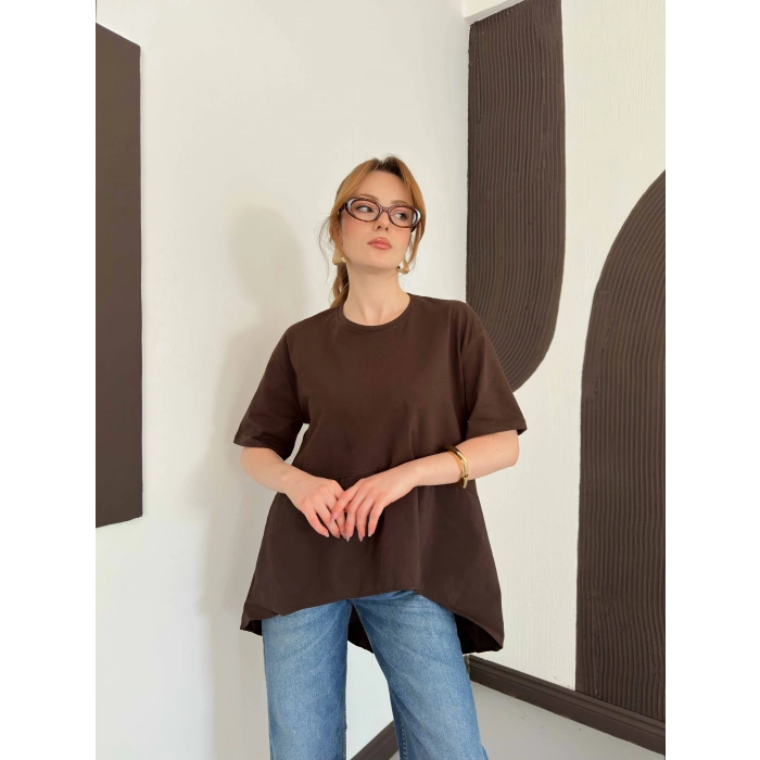 Modal Kumaş Garnili Asimetrik Oversize Tişört Kahve