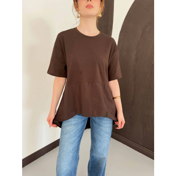 Modal Kumaş Garnili Asimetrik Oversize Tişört Kahve