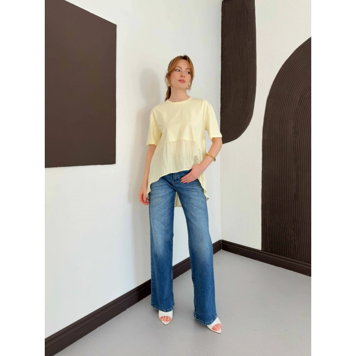 Modal Kumaş Garnili Asimetrik Oversize Tişört Sarı