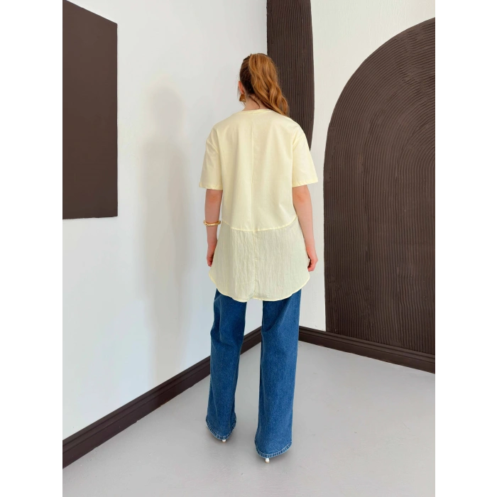 Modal Kumaş Garnili Asimetrik Oversize Tişört Sarı