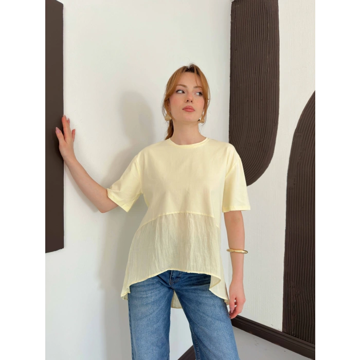 Modal Kumaş Garnili Asimetrik Oversize Tişört Sarı