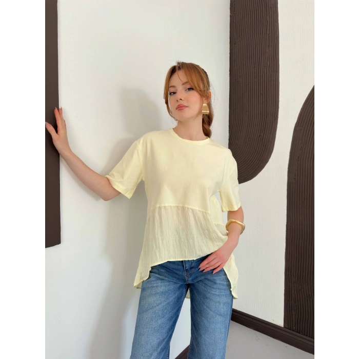 Modal Kumaş Garnili Asimetrik Oversize Tişört Sarı