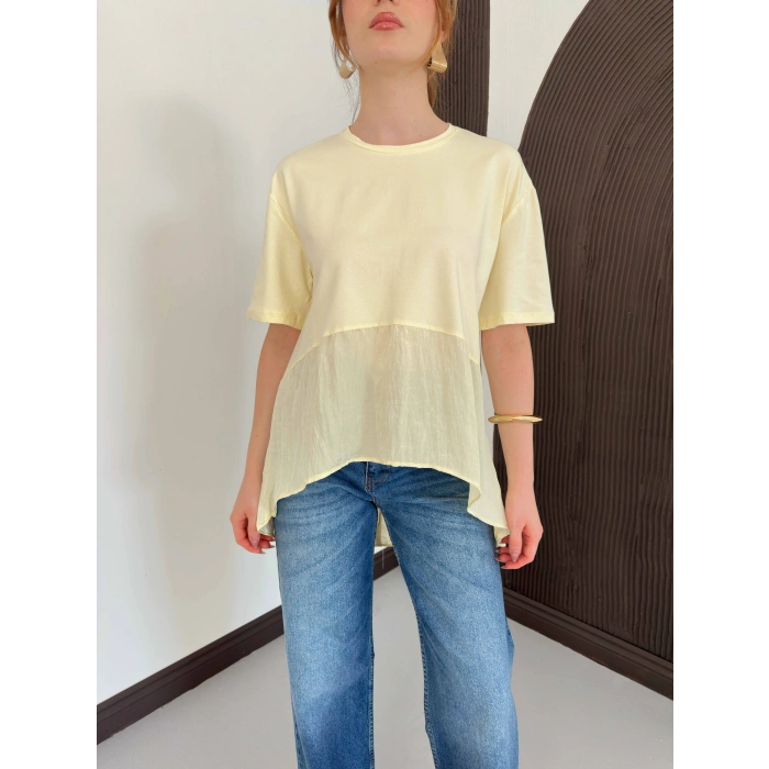 Modal Kumaş Garnili Asimetrik Oversize Tişört Sarı