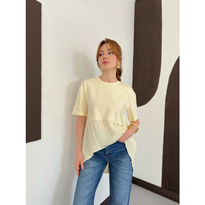 Modal Kumaş Garnili Asimetrik Oversize Tişört Sarı