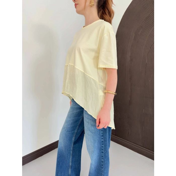 Modal Kumaş Garnili Asimetrik Oversize Tişört Sarı