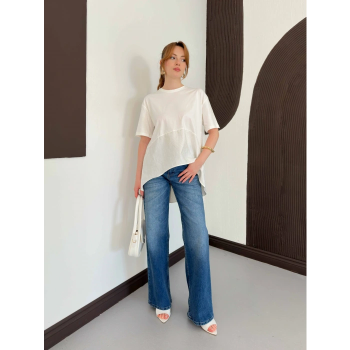 Modal Kumaş Garnili Asimetrik Oversize Tişört Ekru