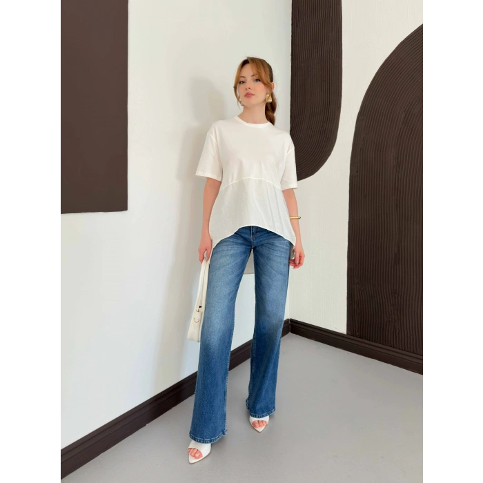 Modal Kumaş Garnili Asimetrik Oversize Tişört Ekru