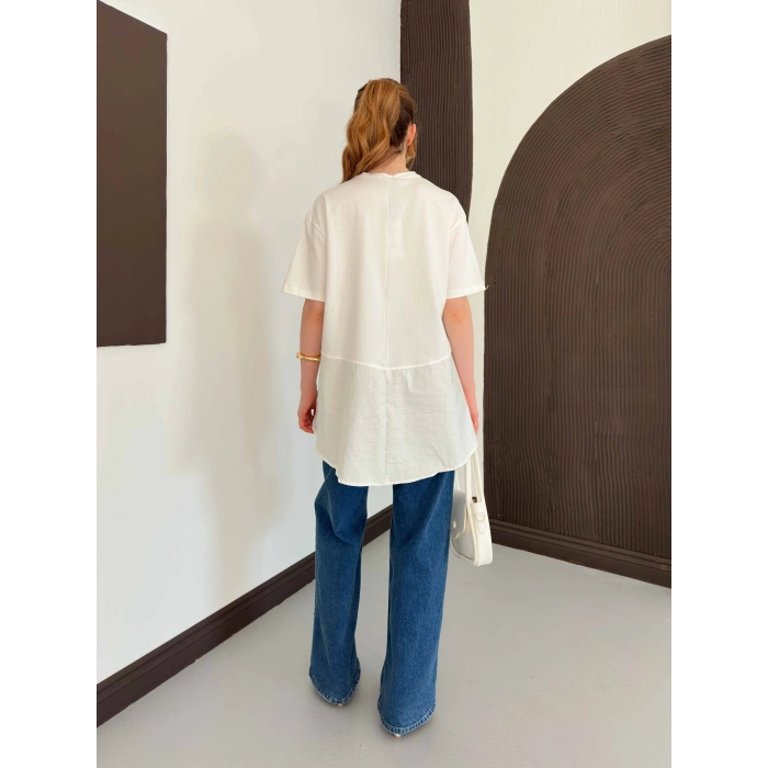 Modal Kumaş Garnili Asimetrik Oversize Tişört Ekru